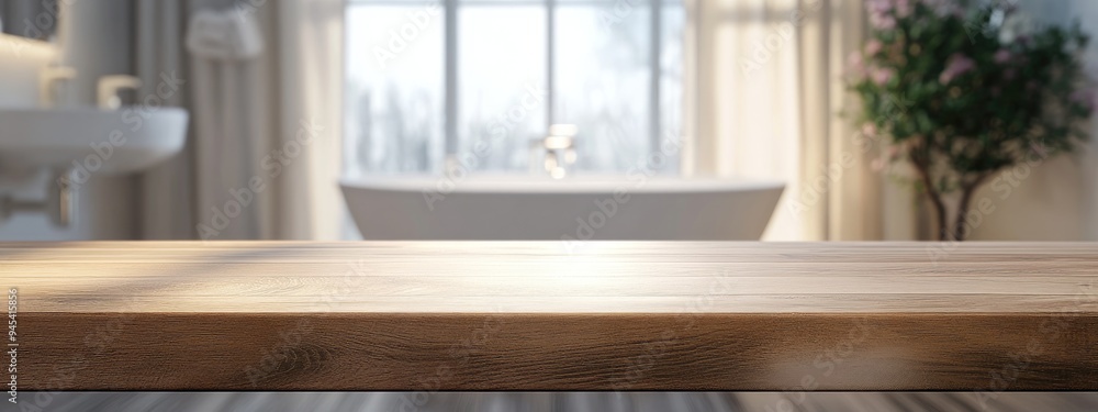 Aufkleber 3d rendering of a tabletop with a blurred bathroom in the background
