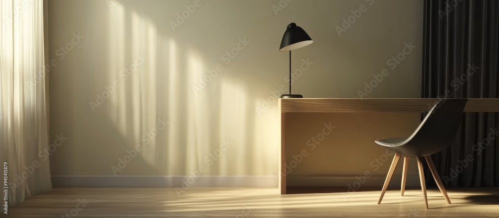 Poster 3d rendering of an empty wood table and chair in a room featuring a black lamp and curtain