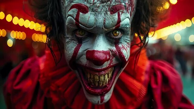 Close-up of menacing clown with sinister smile and glowing eyes