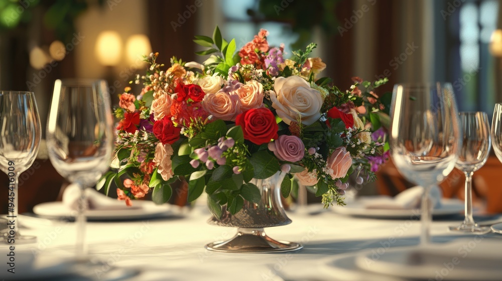 Poster 3d rendering of a flower arrangement on a wedding table in a dining setting