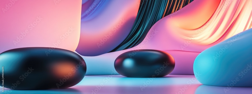 Poster dynamic abstract interior featuring smooth black and colored gradient objects 3d rendering and illus