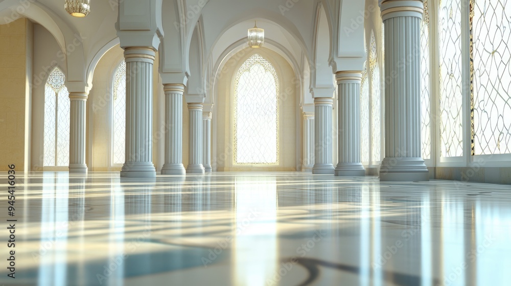 Poster 3D rendering of defocused mosque interior with pillars and windows ideal for diverse backdrop applications