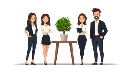 Obraz premium A group of four professionals standing confidently around a plant on a table, symbolizing collaboration and business success.