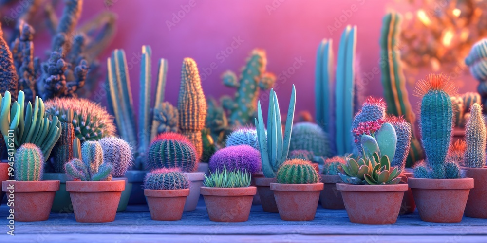 Poster 3d rendering of various cacti in small pots arranged in a garden setting