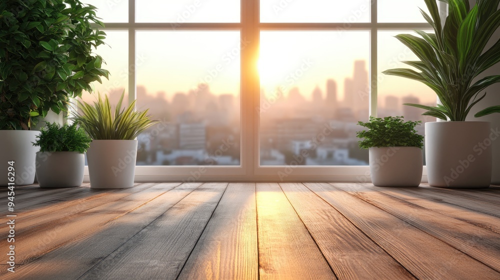 Poster 3d rendering of a wooden table background offering ample space for decoration complemented by a whit