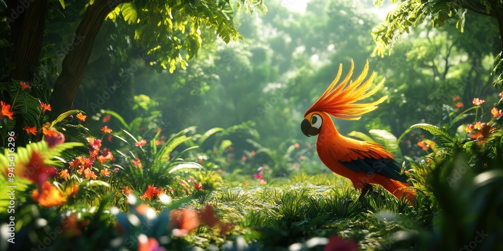 Poster 3d rendering of a bird of paradise in a lush garden setting