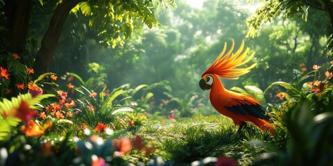 3D rendering of a bird of paradise in a lush garden setting