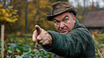Obraz premium A man in a hat points a finger towards the viewer in a field with a blurred background.