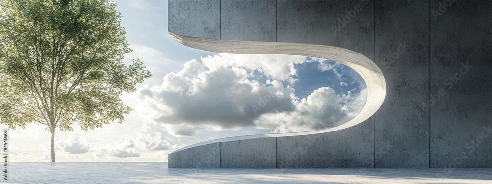 Poster 3d rendering of a concrete wall featuring a cloud shaped window