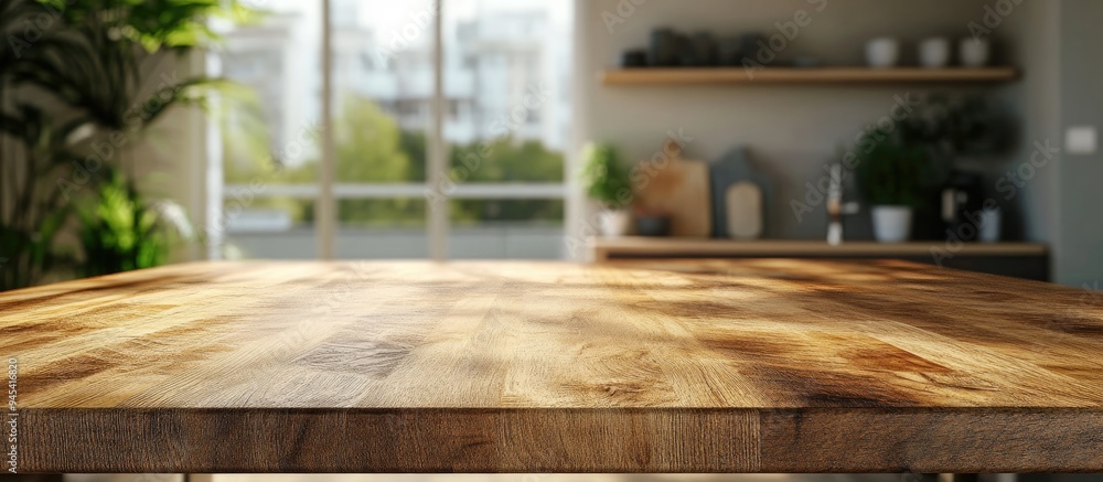 Poster 3d rendering of a kitchen table background featuring a wooden countertop set against a blurred clean