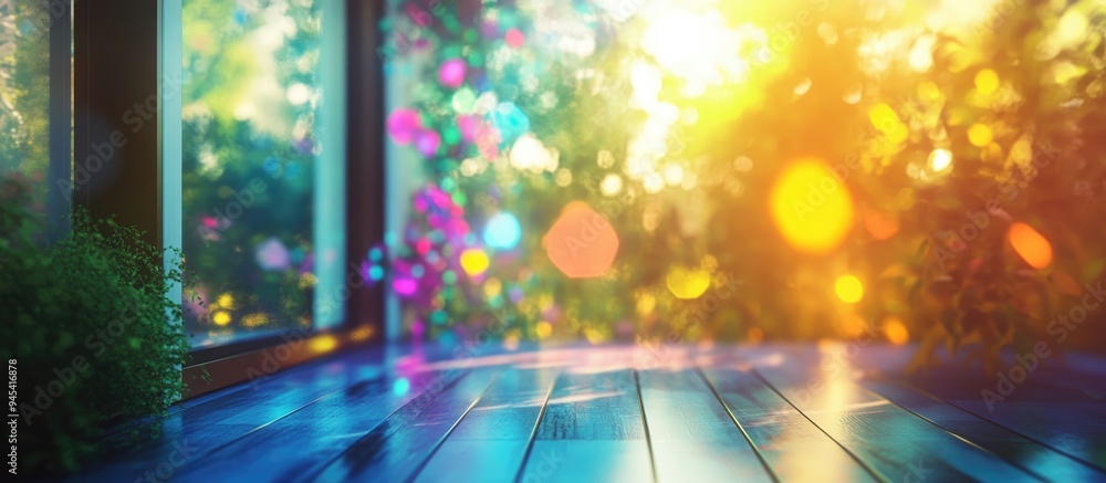 Poster 3d rendering of a blurred background through a home window with sunlight and outdoor elements