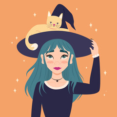 Cute hand drawn cartoon character witch girl with cat funny halloween vector illustration for fall season holiday on orange background with stars