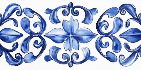 3D rendering of a watercolor painted tile featuring hand drawn geometric and floral indigo blue ornaments in a Mediterranean majolica ceramic style isolated on a white background