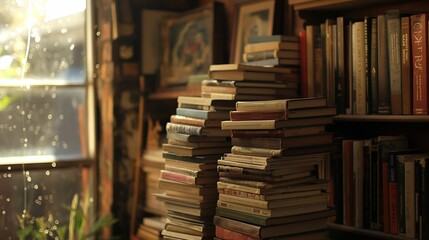 A big stack of books in a bookstore.