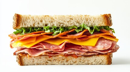 A sumptuous sandwich filled with multiple layers of various meats, cheese, and crisp greens, creating a mouth-watering meal option for any food enthusiast.