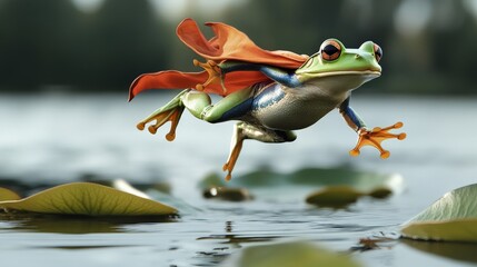 An artistic image depicting an animated frog superhero flying low over water, wearing a red superhero cape, adding a whimsical and adventurous feel to the scene.