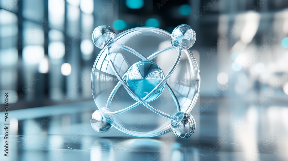 Poster A highly detailed 3D image of a glass molecule structure within a light and modern laboratory environment, depicting the intersection of science and cutting-edge technology innovations.