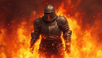 Fototapeta premium A fierce knight clad in armor, emerging from a fiery inferno, symbolizing strength and resilience in the face of adversity.