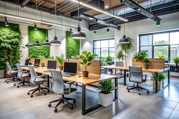 Modern collaborative workspace with sleek desks, ergonomic chairs, and greenery, promoting a productive and innovative atmosphere for creative professionals and entrepreneurs.