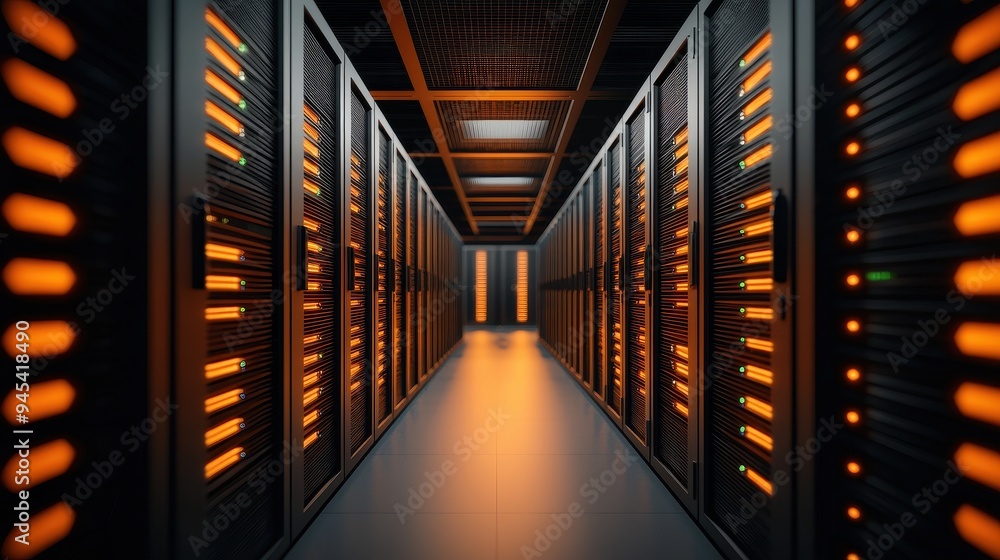 Poster a modern data center corridor filled with server racks illuminated by orange lights, showcasing high