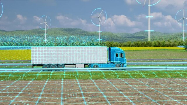 Smart Logistics: Generic autonomous semi truck with cargo trailer driving through green landscape. Scanning and digitalizing effetcs. Future Technology Concept. 3D animation rendering