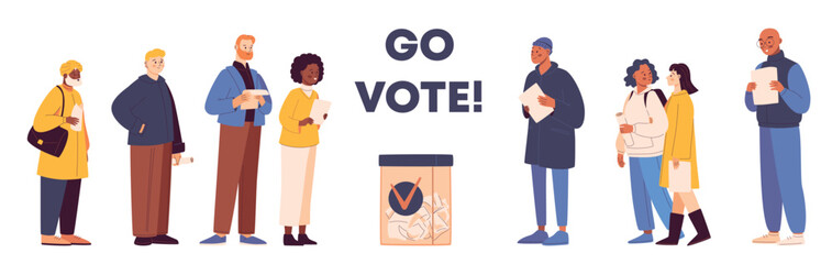 Illustration of a diverse crowd standing in a queue to vote. Features men, women, boys, and girls of various ethnicities participating in the democratic process.