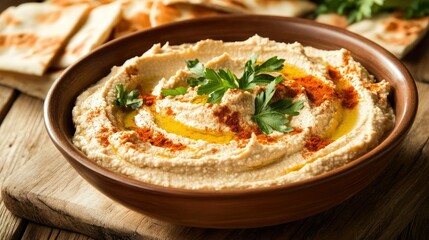 A bowl of creamy hummus topped with olive oil, paprika, and parsley, served with pita bread slices on a wooden table