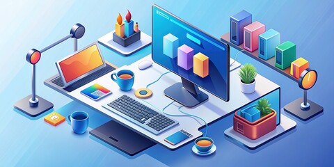 Obraz premium Modern computer support concept featuring a colorful isometric illustration of a desk with various gadgets and tools, surrounded by helpful icons and symbols.
