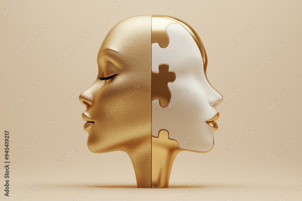 Poster A golden human face with a puzzle pattern symbolizing identity self awareness and the intricate process of piecing together one’s self concept in a world of complexity