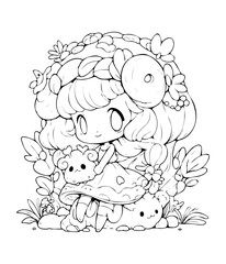 Adorable Little Girl with Floral Border Line Art Coloring Page for Kids