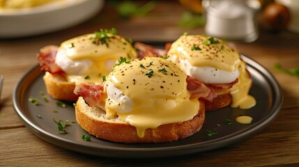 A classic eggs benedict dish with poached eggs, hollandaise sauce, and Canadian bacon on toasted English muffins