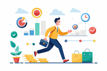 Timeline project planning, work progress milestone or step to success, plan or strategy diagram, business journey or process to reach goal concept, businessman running on project timeline milestones
