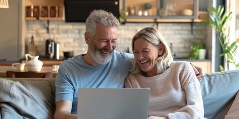 Obraz premium Senior couple using laptop in living room. White man and woman sitting on couch looking at laptop. Confident mood