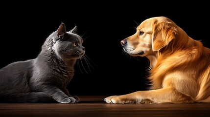 A grey cat and a golden retriever dog are looking at each other,  sitting on a wooden surface against a black background.