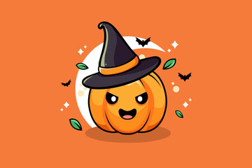 Cute Pumpkin with Black Witch Hat and Spooky Grinning Expression