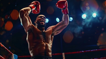 A boxer is in the ring with his hands raised in the air
