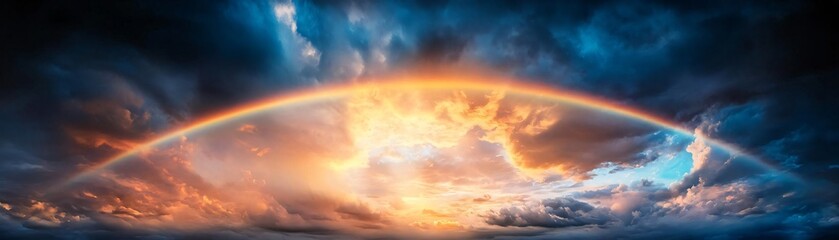 Obraz premium Breathtaking view of a vibrant sunset over the horizon, showcasing dynamic clouds and warm colors blending into the sky.