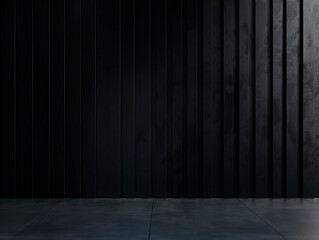 Dark abstract wall with vertical lines and deep shadows, minimalist modern design for industrial or product photography, copy space