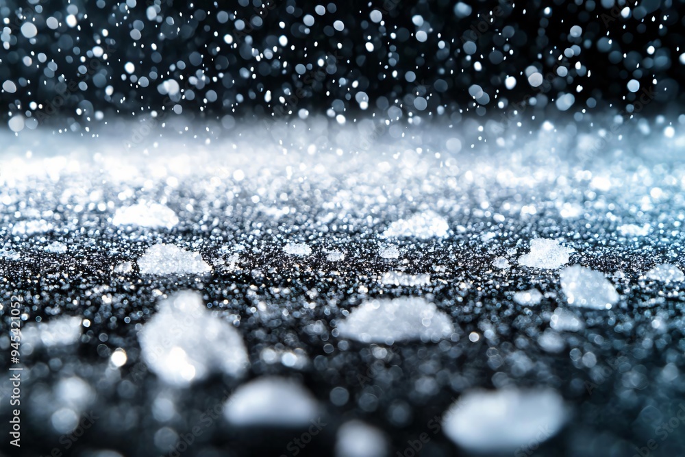 Poster close-up view of water droplets reflecting light, creating a mesmerizing pattern on a dark surface. 