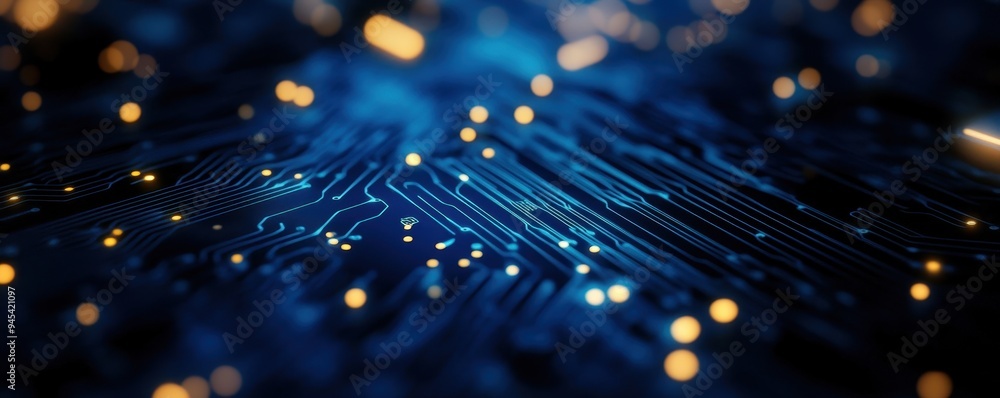 Poster close-up view of a circuit board with glowing lights, showcasing the intricate patterns and connecti