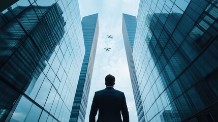 Fototapeta premium Urban Business Leader Gazing at Skyscrapers, Exuding Confidence and Ambition