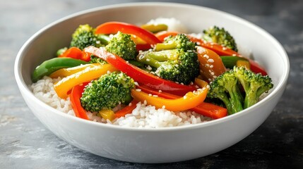 A colorful vegetable stir-fry with bell peppers, broccoli, and carrots, served over steamed rice in a white bowl