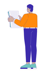 Eyeglasses arab man holding document 2D cartoon character. Office worker manager. Middle eastern guy checking paperwork isolated person flat vector on white background. Spot illustration colorful