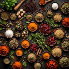 Top view of Herbs and spices isolated on background, ingredients for cooking food, healthy vegetables food, high fibers and vitamins.
