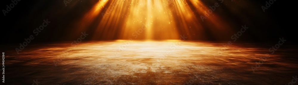 Poster radiant golden light beams shining from above, creating a warm and inviting atmosphere on a dark sur