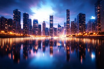Fototapeta premium Stunning city skyline at twilight, illuminated buildings reflecting on calm water, creating a mesmerizing urban landscape.