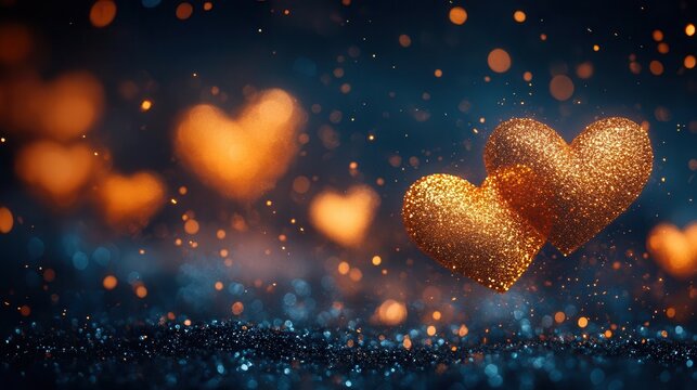 enchanted winter night sky with sparkling golden particles and shimmering bokeh hearts rich navy backdrop with touches of metallic gold creating a magical holiday atmosphere