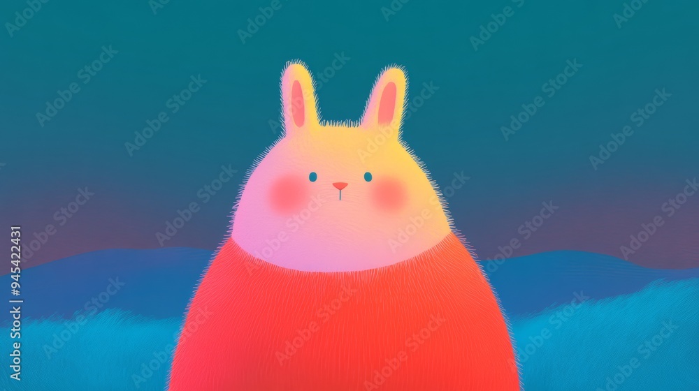 Poster a charming rabbit character with rosy cheeks shines brightly in a colorful twilight backdrop