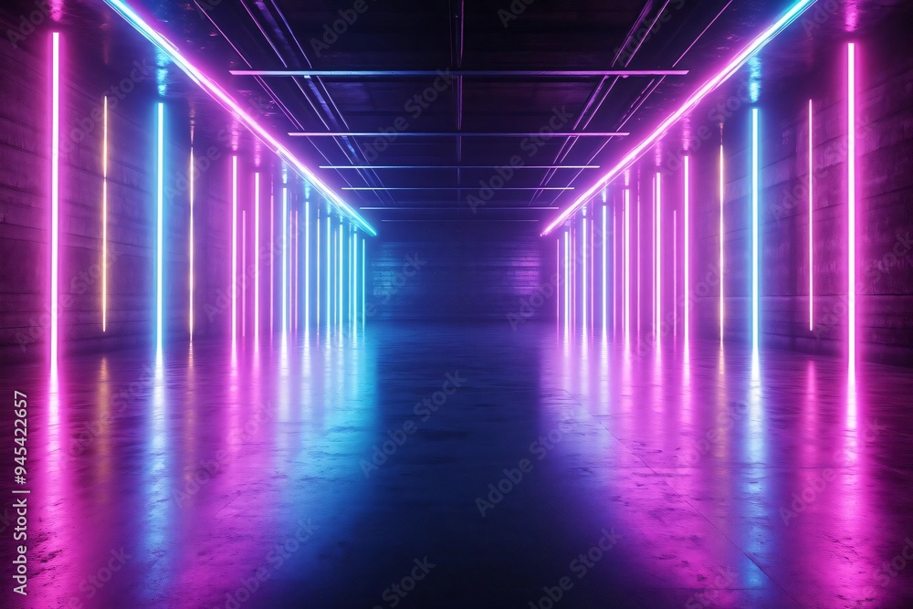 Poster vibrant neon lights illuminate a modern corridor, creating a dynamic and colorful atmosphere for cre