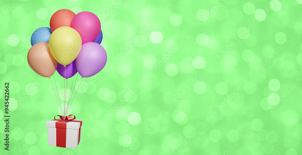Aufkleber Flying gift box with multicolored shiny balloons on blurred summer green background. 3d rendering. Empty space for text